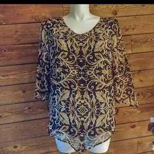 Roz & Ali Tan and Brown V Neck Blouse Size 1X T13